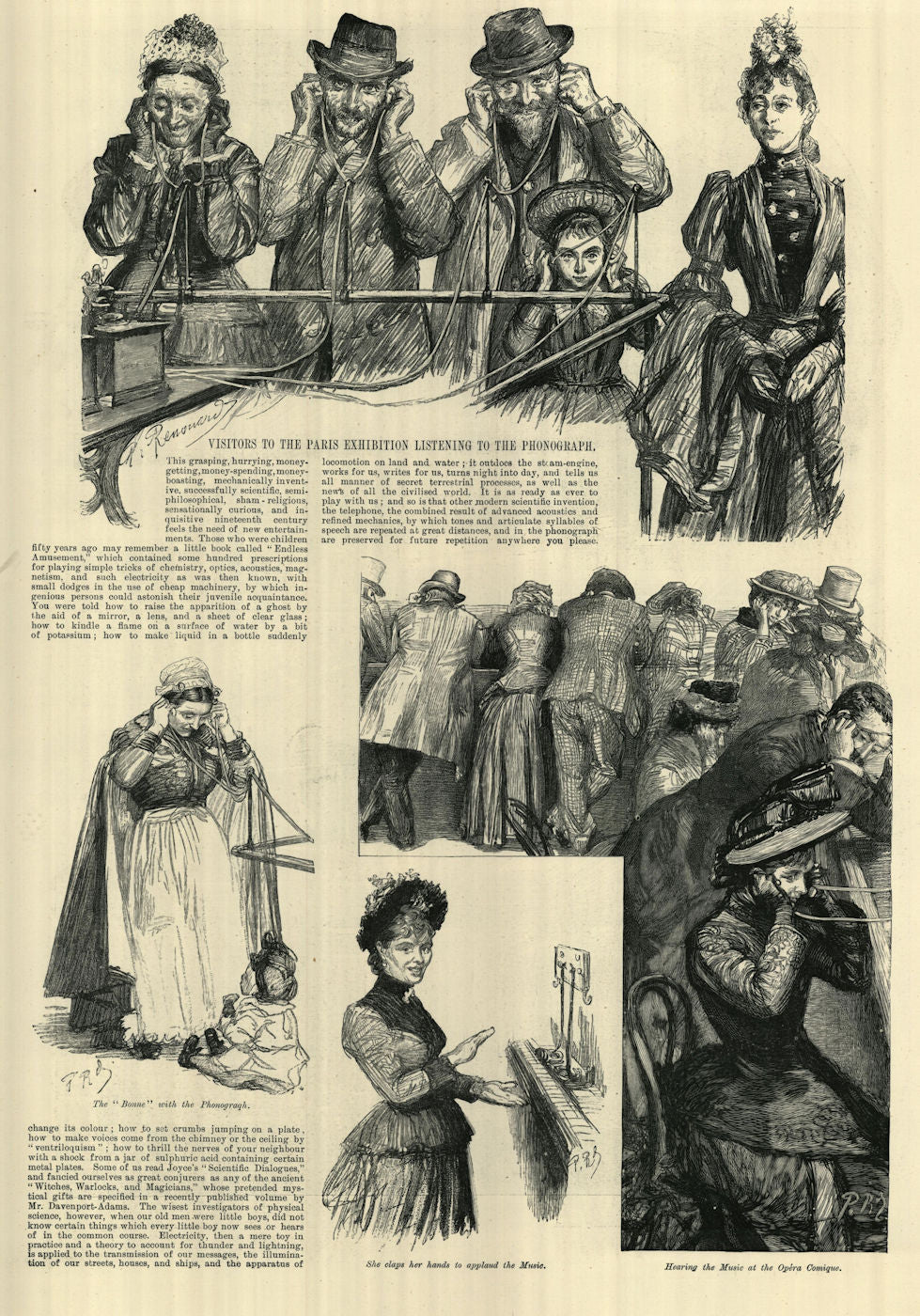 Visitors to the Paris Exhibition listening to the phonograph 1889 old print